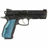Shadow 2 ACCU, 2023X, Double Action/Single Action, Semi-automatic, Metal Frame Pistol, 9MM, 4.89" Barrel, CZ Custom ACCU Bushing, Polycoat Finish, Black, Blue Aluminum Grips, Adjustable Rear Sight & Fiber Optic Front, 17 Rounds, 2 Magazines 91044
