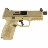 FN509M Tactical, Semi-automatic, Striker Fired, Polymer Frame Pistol, Mid-Size, 9MM, 4.5" Barrel, Threaded 1/2x28", PVD Finish, Flat Dark Earth, Optic Ready, Flat Faced Trigger, Suppressor Height 3 Dot Night Sights, Non-Manual Safety, 5 Magazines, (1)-15