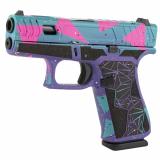 43X, Striker Fired, Semi-automatic, Polymer Frame Pistol, Sub-Compact, 9MM, 3.41" Barrel, Glock Marksman Barrel, nDLC Finish, No Finger Grooves, 10 Rounds, 2 Magazines, Purple/Cyan/Pink Cerakote, Optic Cut And Machined Slide, Laser Stippled Grip PX435020