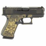 43X Compensated, Laser Engraved Dragon, Striker Fired, Semi-automatic, Polymer Frame Pistol, Sub-Compact, 9MM, 3.41" Barrel, Distressed Black and Gold Cerakote, Fixed Sights, 2 Magazines, Right Hand, Ported Slide and Barrel, Optic Cut, Static Stippling,