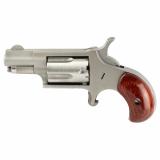Mini Revolver, Single Action, Revolver, 22LR, 1.125" Barrel, Matte Finish Stainless Steel, Silver, Wood Grips, Fixed Sights, 5 Rounds, Includes Skelton Belt Buckle NAA-22LR-BBS