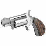 Mini Revolver, Single Action, 22WMR, 1.125" Barrel, Steel Frame, Stainless Finish, Red/Black Wood Grips, Fixed Sights, 5Rd NAA-22MS-GRB