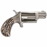 Mini Revolver, Single Action, 22WMR, 1.125" Barrel, Steel Frame, Stainless Finish, Imitation Stag Grips, Fixed Sights, 5Rd NAA-22MSGSTG