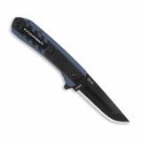 Razor VX4, Folding Knife, Plain Edge, 3" Blade Length, 7.5" Overall Length, 420J2 Stainless Steel, Includes (3) Standard Plain Edge and (1) Partially Serrated Blade, Black Oxide Finish, Carbon Fiber & Blue Scales, Ceramic Ball Bearing System, Stainless S