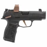 DISCONTINUED P365 Rose w/ Romeo Zero Elite | 9mm, 3.1" Barrel with Integrally Compensated Slide, Red Dot, Black with Rose Gold Controls and Engraving, SIGLITE Day/Night Sights, Two 12 Round Mags, Optics Ready, Vaultek Safe, Dummy Rounds