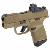 Hellcat, Striker Fired, Semi-automatic, Polymer Frame Pistol, Micro-Compact, 9MM, 3" Hammer Forged Barrel, Cerakote Finish, Flat Dark Earth, Viridian RFX-11 Green Dot Sight, Textured Grips, Tritium/Luminescent Front Sight, Tactical Rack U-Notch Rear Sigh