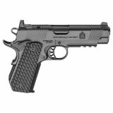 Tactical Response Pistol, Carry Contour, Semi-automatic, 1911, Metal Frame Pistol with Rail, Commander Size, 9MM, 4.25" Match Grade Barrel, Cerakote Finish, Black, AOS Optic Cut, VZ Grips Hydra G10 Grips, Front Tritium and Black Rear Sight, 9 Rounds, 3 M
