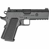 Emissary AOS, 1911, Single Action Only, Semi-automatic, Commander Size, 9MM, 4.25" Match Grade Bull Barrel, Stainless Steel Frame and Carbon Steel Slide, Cerakote Finish, Black, Optics Ready, VZ GripsThin-Line G10, Manual Thumb Safety, Tritium/Luminsesce