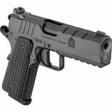 Emissary, 1911, Single Action Only, Semi-automatic, Commander Size, 9MM, 4.25" Match Grade Bull Barrel, Stainless Steel Frame and Carbon Steel Slide, Cerakote Finish, Black, VZ Grips Thin-Line G10, Manual Thumb Safety, Tritium/Luminescent Front Sight, Ta