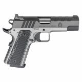 Emissary, 1911, Single Action Only, Semi-automatic, Commander Size, 9MM, 4.25" Match Grade BullBarrel, Stainless Steel Frame and Carbon Steel Slide, Blued Finish, Black Slide, Silver Frame, VZ Grips Thin-Line G10, Manual Thumb Safety, Tritium/Luminescent