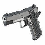 Emissary, 1911, Single Action Only, Semi-automatic, Commander Size, 9MM, 4.25" Match Grade BullBarrel, Stainless Steel Frame and Carbon Steel Slide, Blued Finish, Black Slide, Silver Frame, VZ Grips Thin-Line G10, Manual Thumb Safety, Tritium/Luminescent