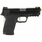 Performance Center Shield EZ, Semi-automatic, Compact, 9MM, 3.8" Ported Barrel, Black Armornite Finish, Polymer Frame, Black Color, Performance Center Aluminum Trigger, Grip Safety, Thumb Safety, Hi-Viz Litewave H3 Tritium/Lightpipe Sights, Silver Barrel