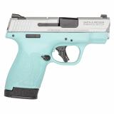 Shield Plus, M&P9, Semi-automatic, Striker Fired Polymer Frame Pistol, Micro-Compact, 9MM, 3.1" Barrel, Cerakote Finish, Silver Slide, Robins Egg Blue Frame, White Dot Sights, Manual Thumb Safety, Flat Face Trigger, 2 Magazines, (1) 10-Round (1) 13-Round