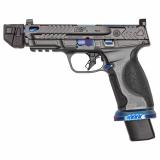 M&P M2.0 Metal HD Spec Series V | 9MM, 4.875" Threaded Barrel with Strike Industreis Compensator, Steel Framed Pistol, Full Size, Steel Magwell, Optics Ready, Armornite Finish, Gray, Blue PVD Finish on Magwell, Controls, Barrel, Optic Cover