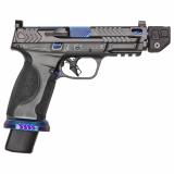 M&P M2.0 Metal HD Spec Series V | 9MM, 4.875" Threaded Barrel with Strike Industreis Compensator, Steel Framed Pistol, Full Size, Steel Magwell, Optics Ready, Armornite Finish, Gray, Blue PVD Finish on Magwell, Controls, Barrel, Optic Cover