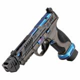 M&P M2.0 Metal HD Spec Series V | 9MM, 4.875" Threaded Barrel with Strike Industreis Compensator, Steel Framed Pistol, Full Size, Steel Magwell, Optics Ready, Armornite Finish, Gray, Blue PVD Finish on Magwell, Controls, Barrel, Optic Cover