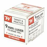 USA WHITE BOX, 9mm, 115 Grain, Full Metal Jacket, 50 Rounds Box W9MM50